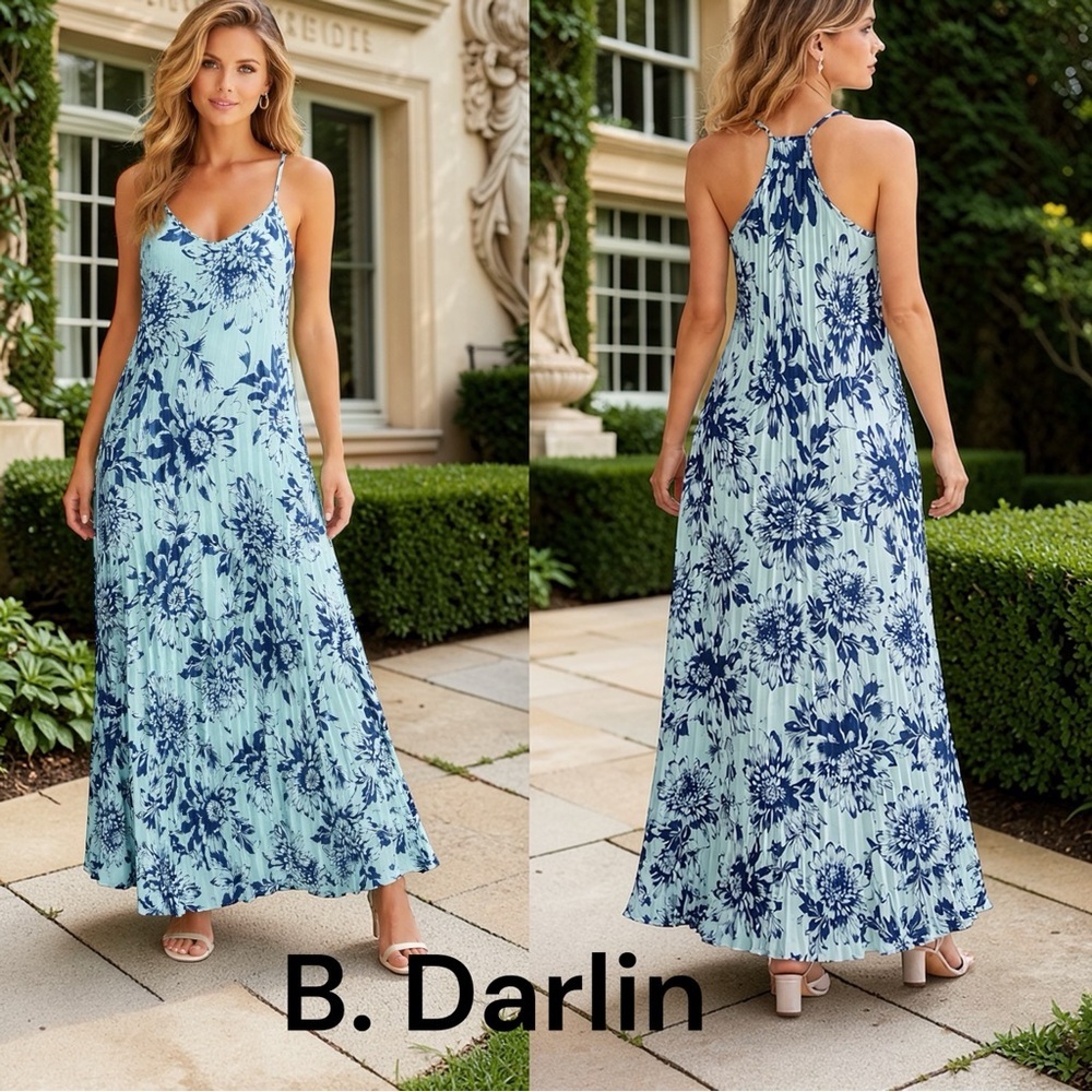 B Darlin Women Size 5/6 Aqua Floral Maxi Dress Pleated Chiffon NWT